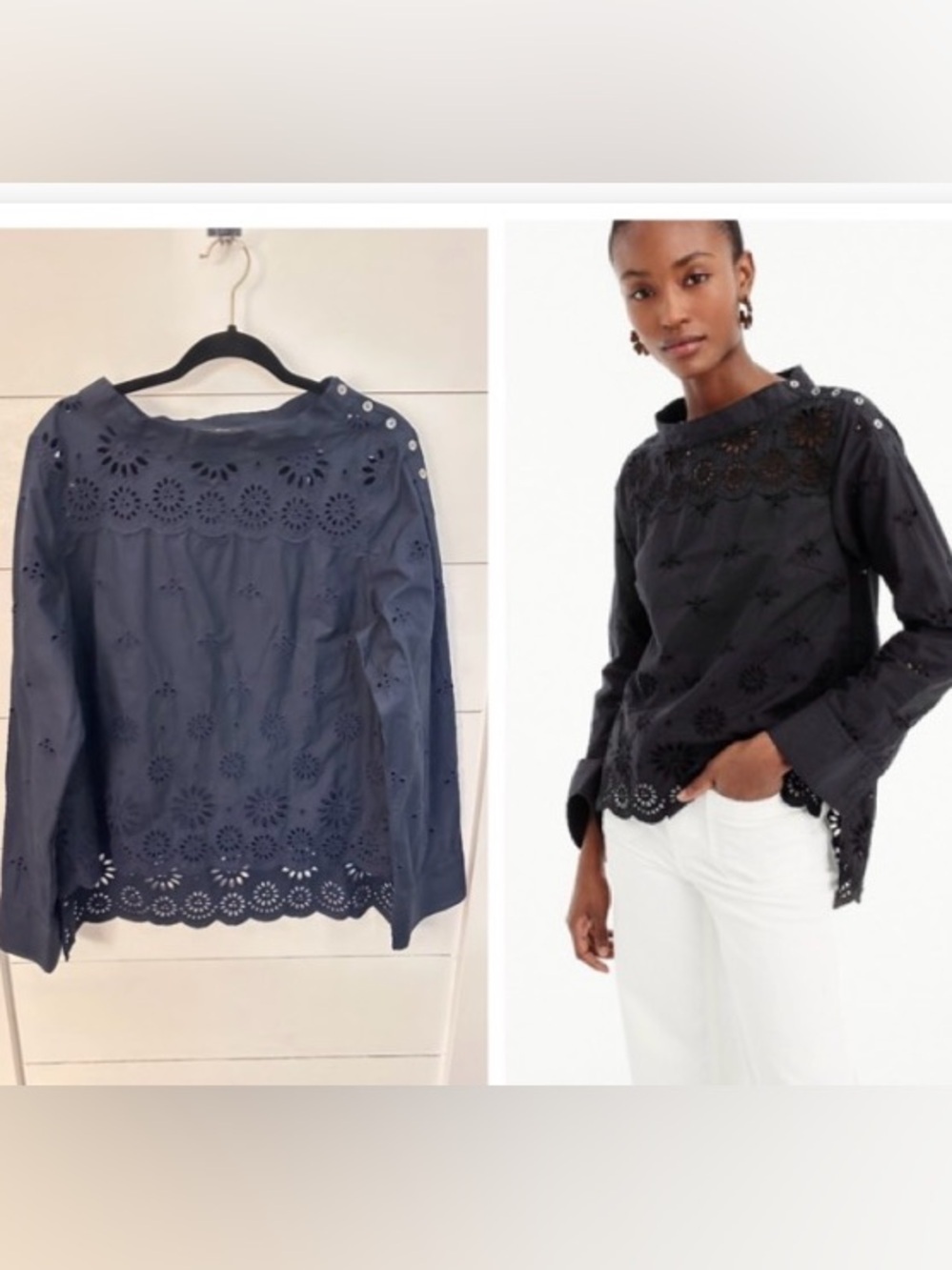 J CREW 16 Navy funnel neck eyelet shoulder button hi low hem blouse cottagecore